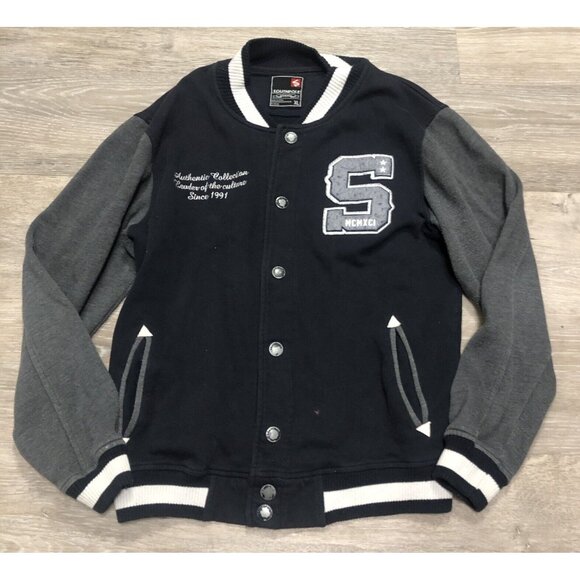 Vtg Southpole Jacket Mens‎ SZ XL Black Gray Patch Logo Varsity Streetwear Y2K - Picture 1 of 6